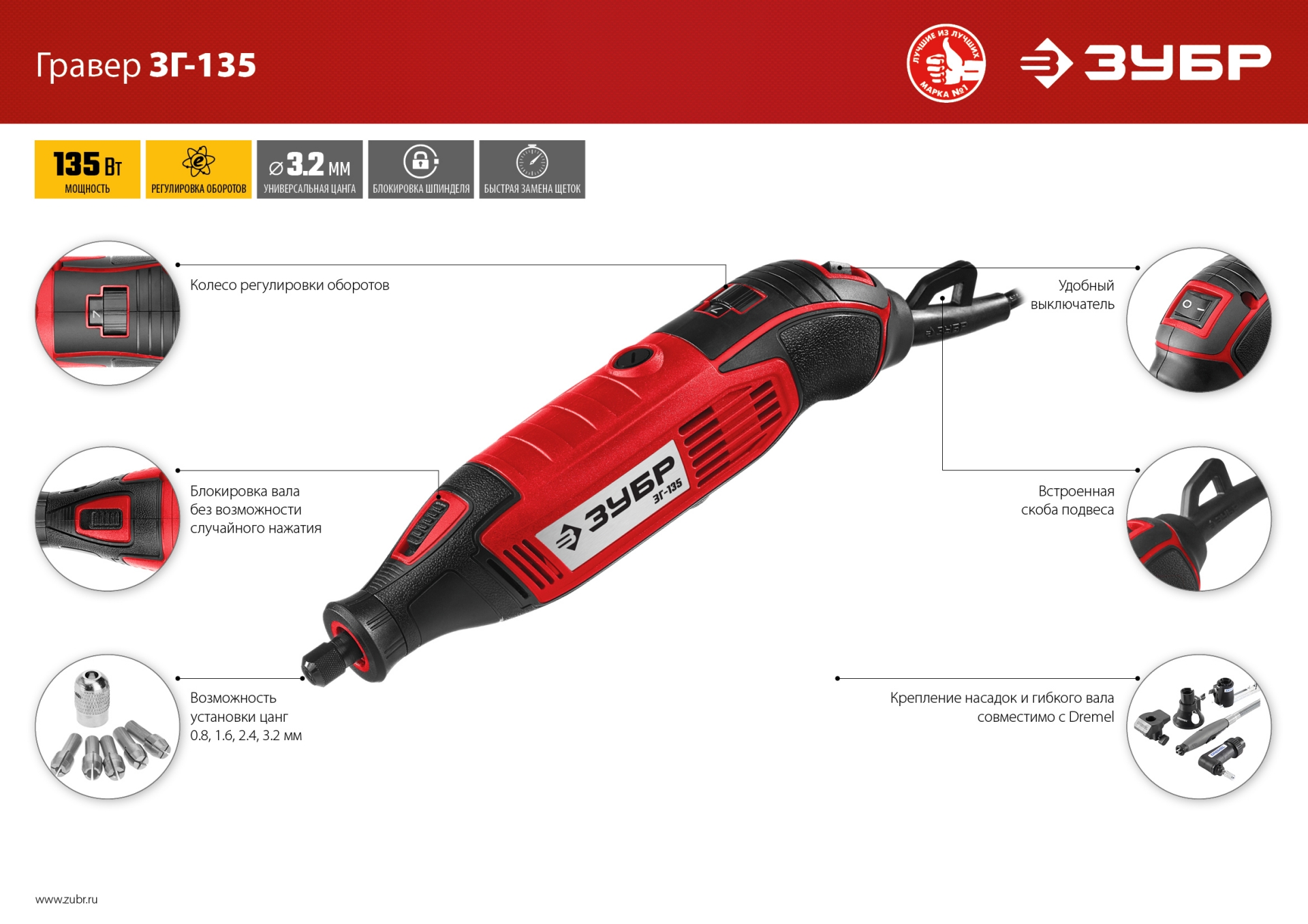 Гравер электрический, ЗУБР ЗГ-135, 220В, 135 Вт, 3.2 мм, 15000-35000 об/мин, базовая модель, в короб. Фото N10