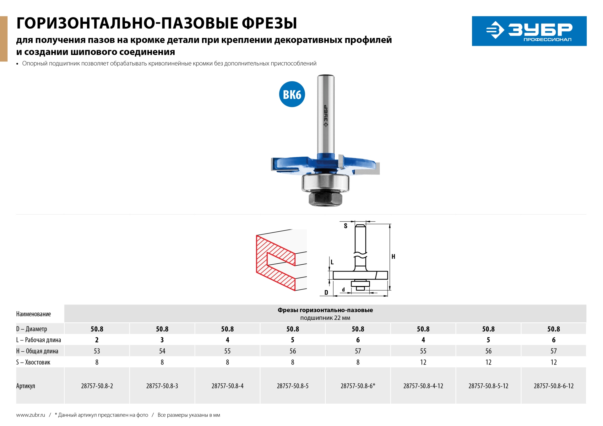 Фреза горизонтально-пазовая, D= 50,8мм, высота-4мм, хв.-12мм, d-22мм, ЗУБР Профессионал. Фото N5