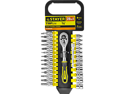  Набор STAYER "STANDARD": Торцовые головки, биты-головки (1/4") на пластик рельсе, трещотка, удл-тель 