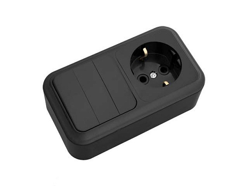  Блок выкл. 3 клав. + розетка (открытая, с/з) черный, Пралеска, BYLECTRICA 