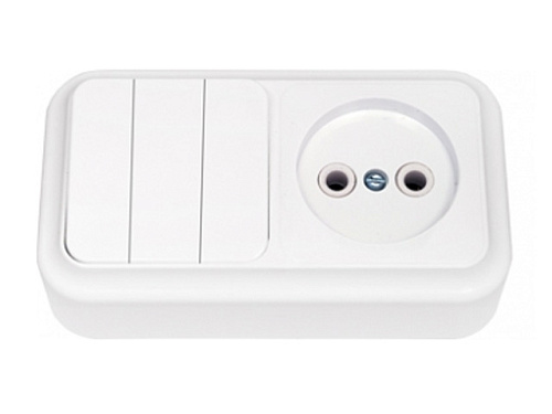  Блок выкл. 3 клав. + розетка (открытая, б/з) белая, Пралеска, BYLECTRICA 