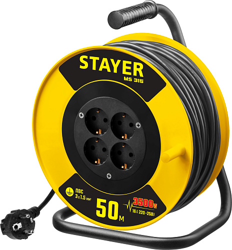  Удлинитель на катушке Stayer MS 315, 50 м, 3500 Вт, заземление, 4 гнезда, ПВС 3x1,5 кв мм, 55078-50 