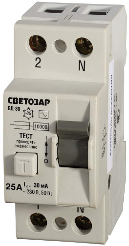 Выключатель дифференциальный "УЗО" СВЕТОЗАР, 2-полюсный, 25 A, "AC", откл. диф.ток. 30 мА,  230 В 