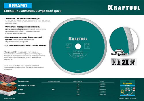  Диск алмазный отрезной сплошной по керамограниту KRAFTOOL Keramo 125х22 мм 36684-125 