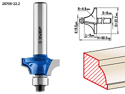  Фреза кромочная калевочная №1, D= 22,2мм, рабочая длина-9мм, радиус-4,8мм, хв.-8мм, d-9,5 мм, ЗУБР П 