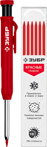  Автоматический строительный карандаш ЗУБР, красный, HB, 6 сменных грифелей, АСК, серия Профессионал 