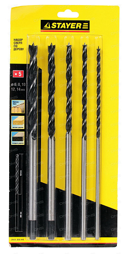  Набор сверл спиральных по дереву 6-8-10-12-14 х 300 мм, 5 шт., STAYER "Maxdrill" 