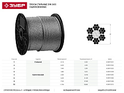  Трос стальной ЗУБР, оцинкованный, DIN 3055, d=6 мм, L=120 м 